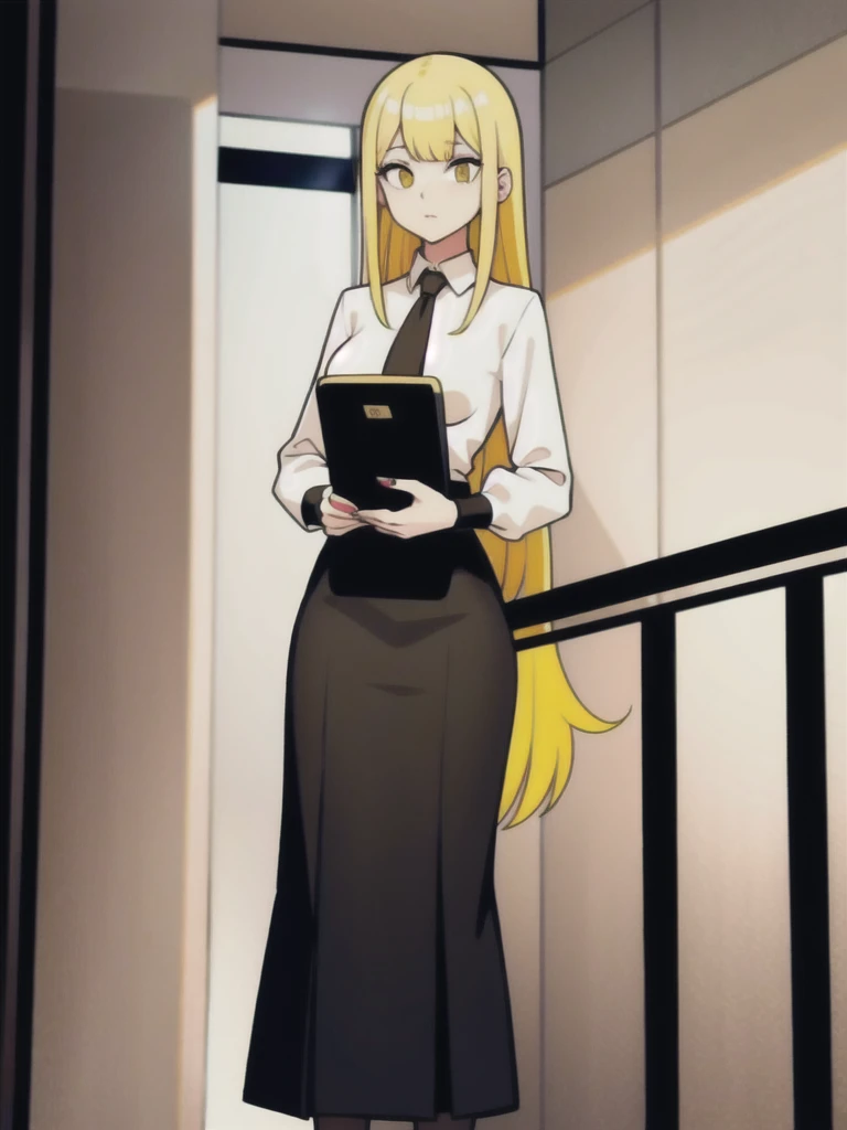 1 tall girl with yellow hair wearing elegant clothes and is a daughter of a businessman