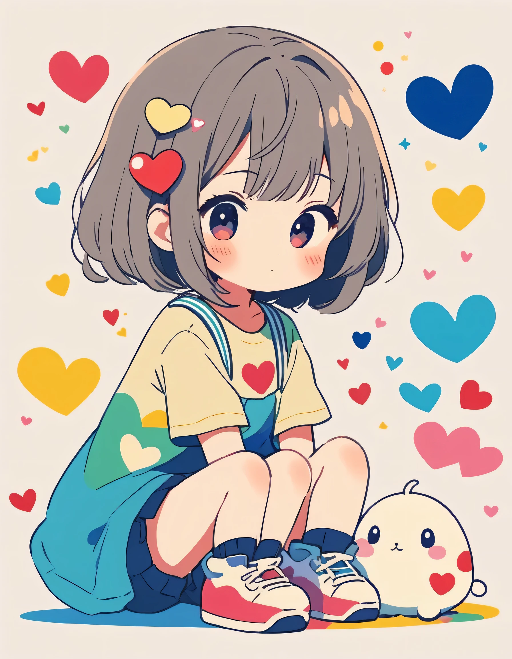 Makoto Shinkai colorful style, Simple Line Initialism,Abstract art,Kawaii Design, The most beautiful girl of all time、chibi, (((Cute pillbugs))), colorful hearts, summer version
