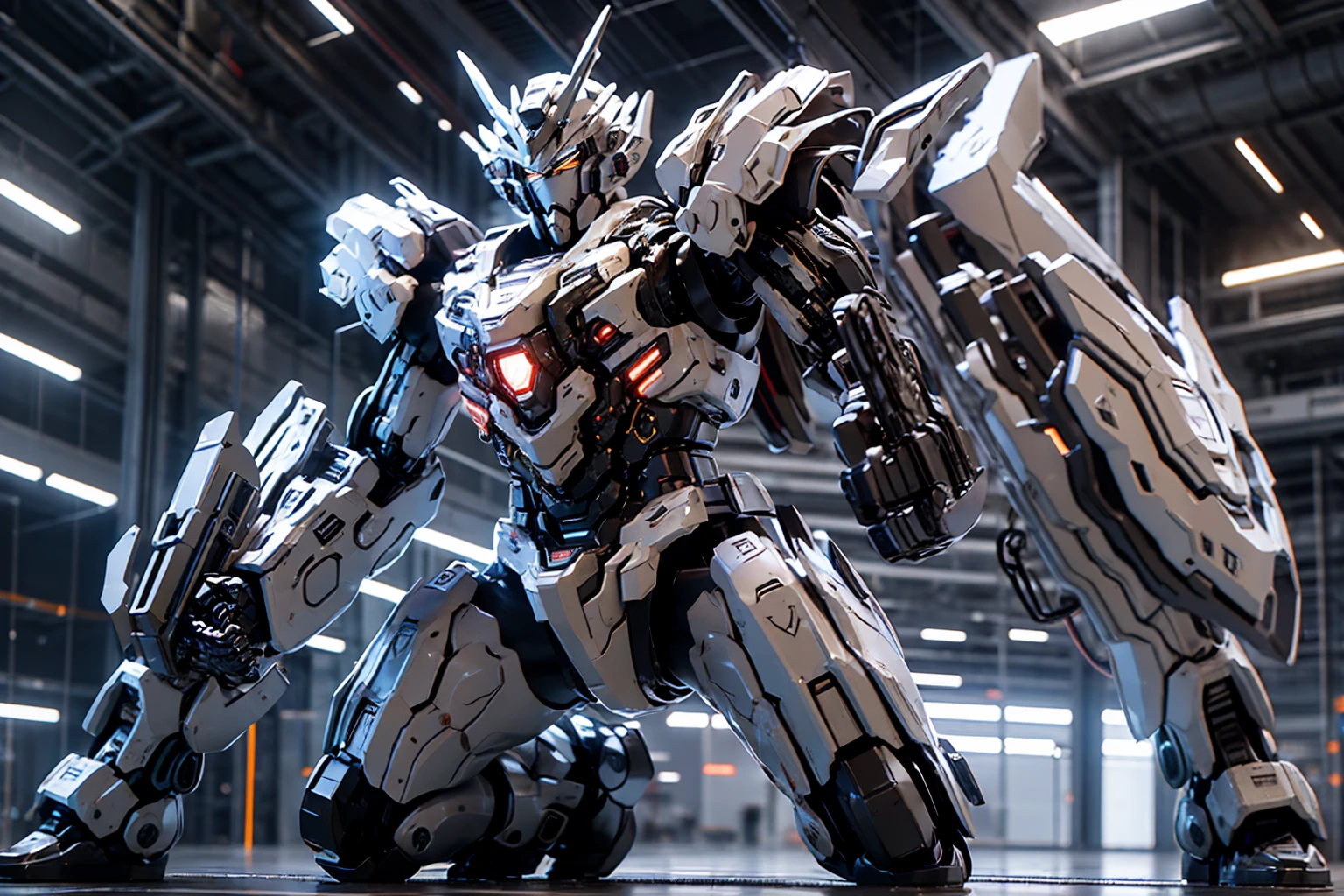 Generates an imposing full-body shot of a sentinel robot, a vigilant and defensive force in the futuristic realm. The armor must have a strong and fortified design., adorned with protective plates and intricate defensive patterns. Equip the robot with a built-in energy shield., projecting an aura of resilience. The helm must have an imposing visor., capturing the essence of a vigilant guardian. Proportions must convey strength and stability., showing the role of the mech as a steadfast defender. The pose should reflect a sense of alertness., Ready to protect allies from any imminent threat.. the bottom, If any, should complement the defensive theme, perhaps with a futuristic fortified landscape or an urban landscape under protection. This sentinel robot is a symbol of unwavering defense and resistance., a powerful guardian on the futuristic battlefield.