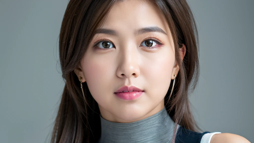 (Detailed face),vivid,cute,Sleeveless and(turtleneck)White silky clothes,4K,Ultra-high resolution,(Photorealistic:1.7),Gray background,Long Hair,