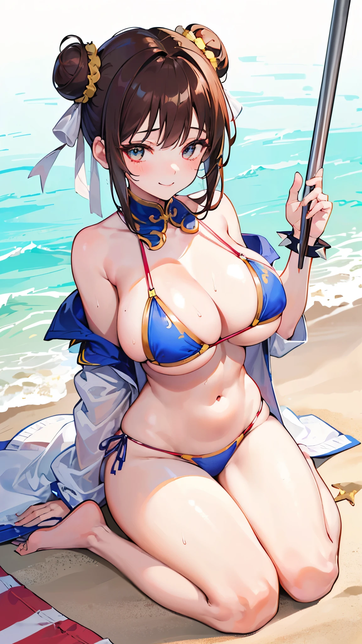 (((1girl))), Chun Li, on beach, full body, erotic, smile, perfect eyes, (((brown hair in twin hair buns))), (((ribbons in hair))), (((tight bikini))), (((big boobs))), (((big thighs))), perfect body, sweat, spiked bracelets on both wrists,