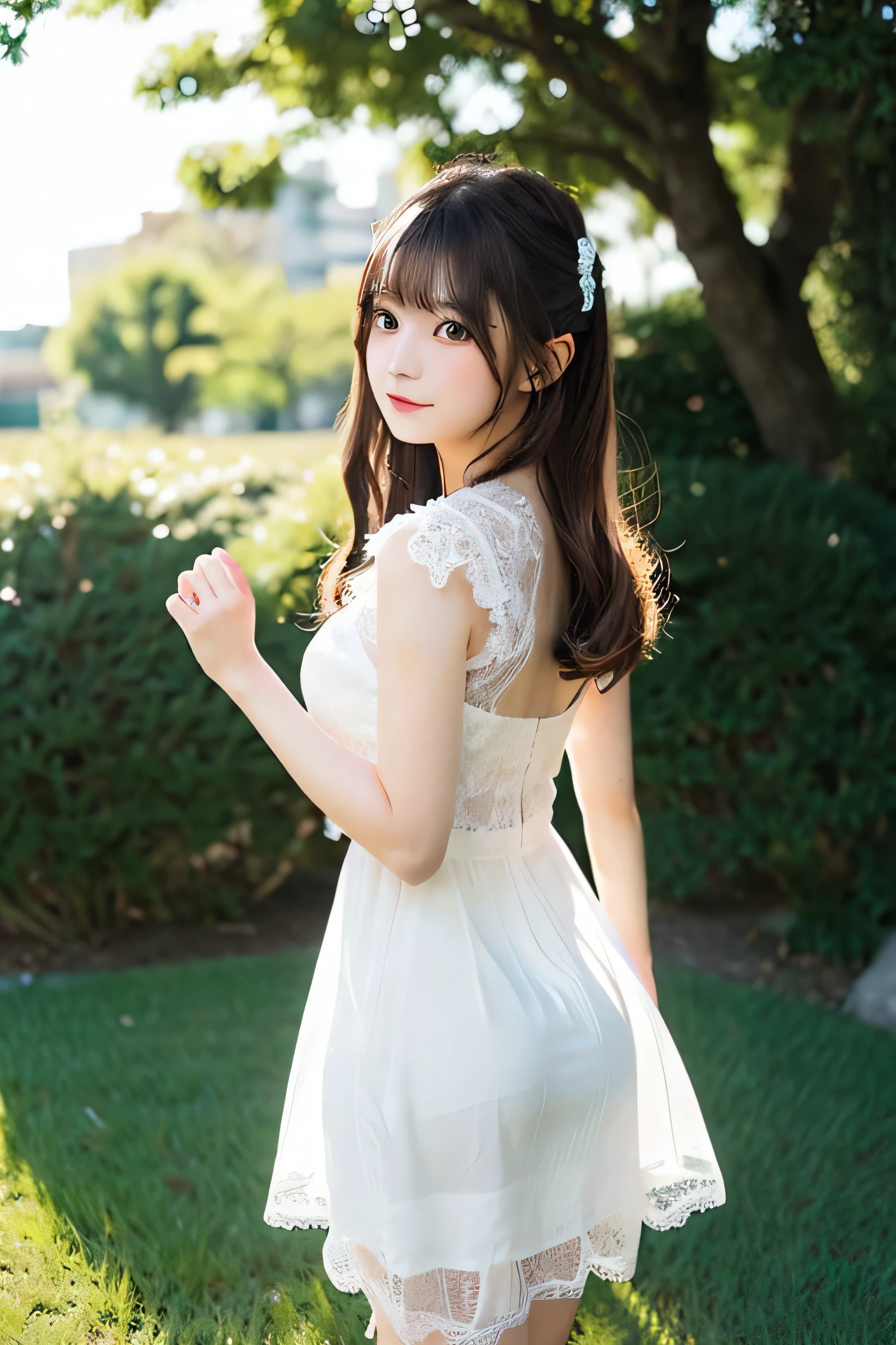 1 young girl,very cute and beautiful japanese teen actress,highly detailed beautiful face,
looking at viewer,smile,happy,beautiful legs,solo,arms behind back,
cute french maid dress,detailed frills,detailed lace,
flower garden,grassland,shrubbery,real person,photorealistic,8k,raw photo,