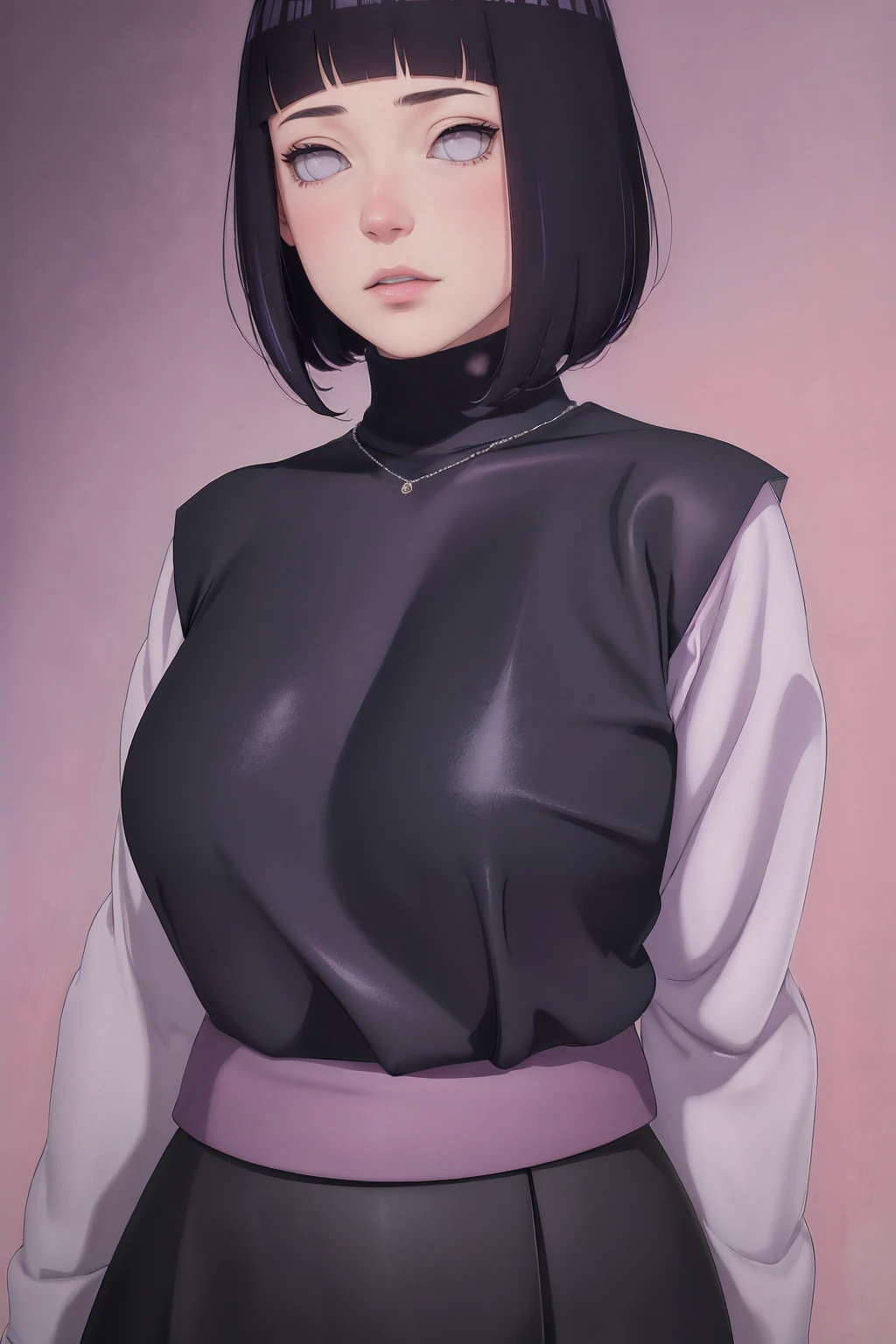 { - anatomy error} (Masterpiece - Ultra-detailed, very high resolution) (hinata\(boruto\), 1girl, solo,mature female, lilac turtleneck blouse, black pant , looking at viewelling , perfect composition, detailed lips, big breast, beautiful face, body propotion, blush, (pink lips), short hair, (black hair), purple eyes, soft gaze, super realistic, detailed, photoshoot, realistic face and body, closed mouth , lilac eyes, full body, upper body , walking, inocent face