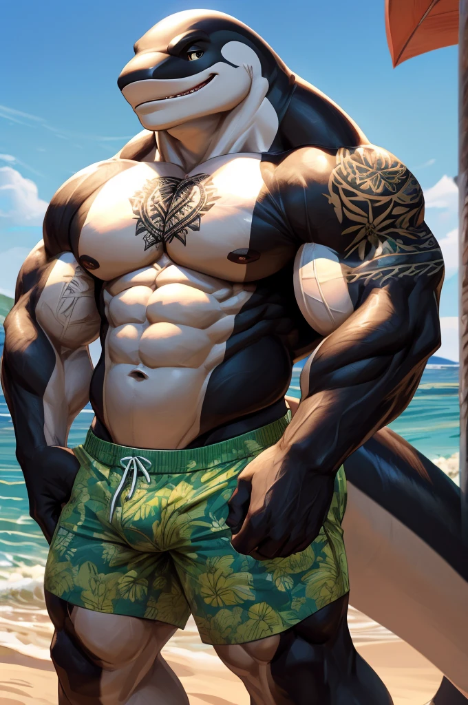 ( masterpiece, Highest quality, High resolution, Deeply drawn boundaries, 8k, Super detailed), (Detailed face:1.2, Detailed eyes), Killer whale, male , Muscular, Full body view, Smooth Skin, (Nondescript crotch), A city with a view of the sea, Paved roads, surfer, Daytime, Are standing, Toned buttocks, Showing his teeth, Black pupil, green(Aloha Shirt), sunny, Thick tail, swim trunks, Abdominal muscles, (I have a tattoo on my chest), 