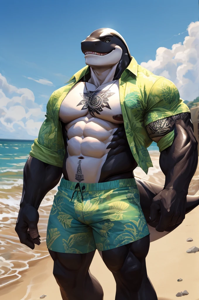 ( masterpiece, Highest quality, High resolution, Deeply drawn boundaries, 8k, Super detailed), (Detailed face:1.2, Detailed eyes), Killer whale, male , Muscular, Full body view, Smooth Skin, (Nondescript crotch), A city with a view of the sea, Paved roads, surfer, Daytime, Are standing, Toned buttocks, Showing his teeth, Black pupil, green(Aloha Shirt), sunny, Thick tail, swim trunks, Abdominal muscles, (I have a tattoo on my chest), 