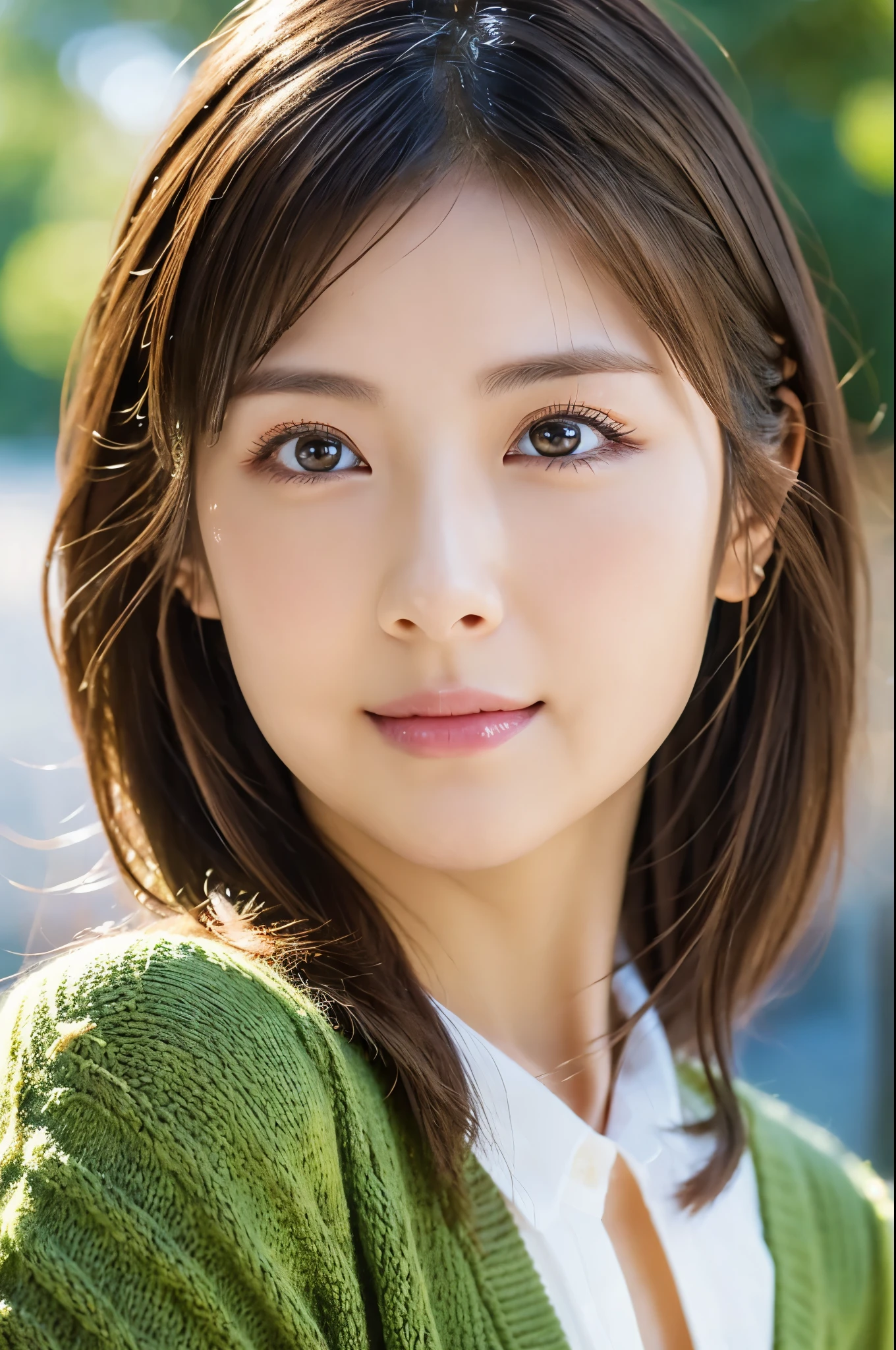 8k, Highest quality, masterpiece, Realistic, Photorealistic, Ultra-detailed, Natural light, 非常にDetailed faceと肌, Detailed eyes, 非常にDetailed faceと肌の中間ショット, Beautiful woman looking at camera, Sexy pose, Tabletop, Beautiful Face, Realistic Face, Detailed face, Beautiful hairstyle, Realistic eyes, Detailed eyes, Realistic Skin, Detailed skin, Beautiful Skin, Charm, 超Realistic, Sexy green cardigan, kind, Brown Hair, Cute Japanese Girl, whole body