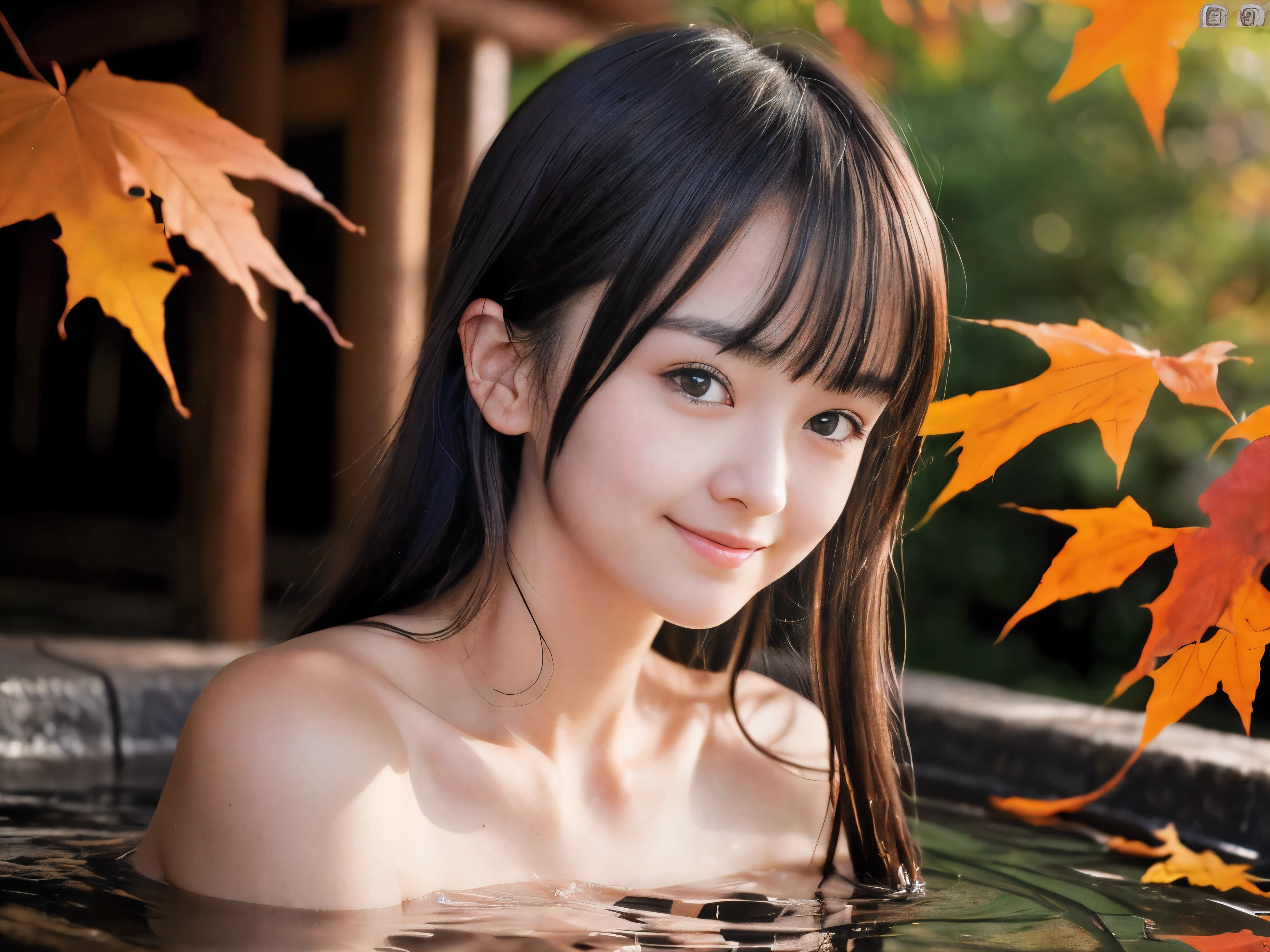 (Face shot of a naked slender small breasts dark silver long hair with swept bangs girl:1.5)、(Naked girl is soaking in a Japanese onsen outdoors with a small smile:1.5)、(Outdoor Japanese onsen with beautiful autumn red leaves:1.5)、(blurred background:1.5)、(8k ultra detailed master piece:1.5)、(Natural light and color:1.5)、(perfect anatomy:1.5)、(Photorealistic stick:1.5)、(Raw photo:1.3)、(highest quality:1.5)、(High resolution:1.3)、(Delicate and beautiful perfect face:1.3)、(Delicate and beautiful eye air skin:1.3)、(Real Human Skin:1.3)、((thin legs))