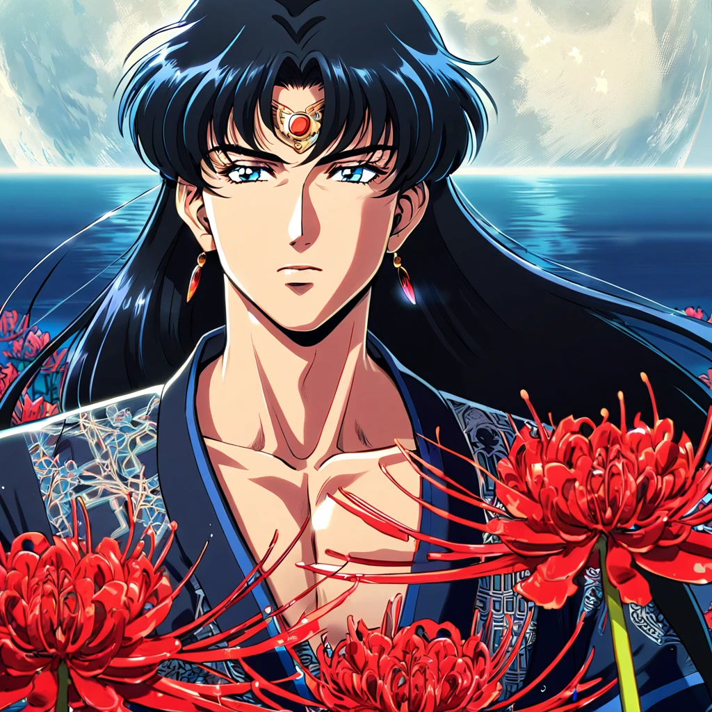 (absurdities, high resolution, ultra detailed, HDR) masterpiece, best quality, perfect face, delicate features, Seiya Kou from Sailor Moon anime, with long hair, black hair, expressive blue eyes, omniscient reader's point of view, alone , sexy man, handsome, toned chest, black kimono with accessories, patterns, red spider lilies, water, magic moon