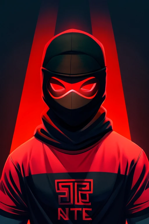 Male with a thief mask covering his entire head eyes shining red light t-shirt written "tigraff"in the middle black and dark red background