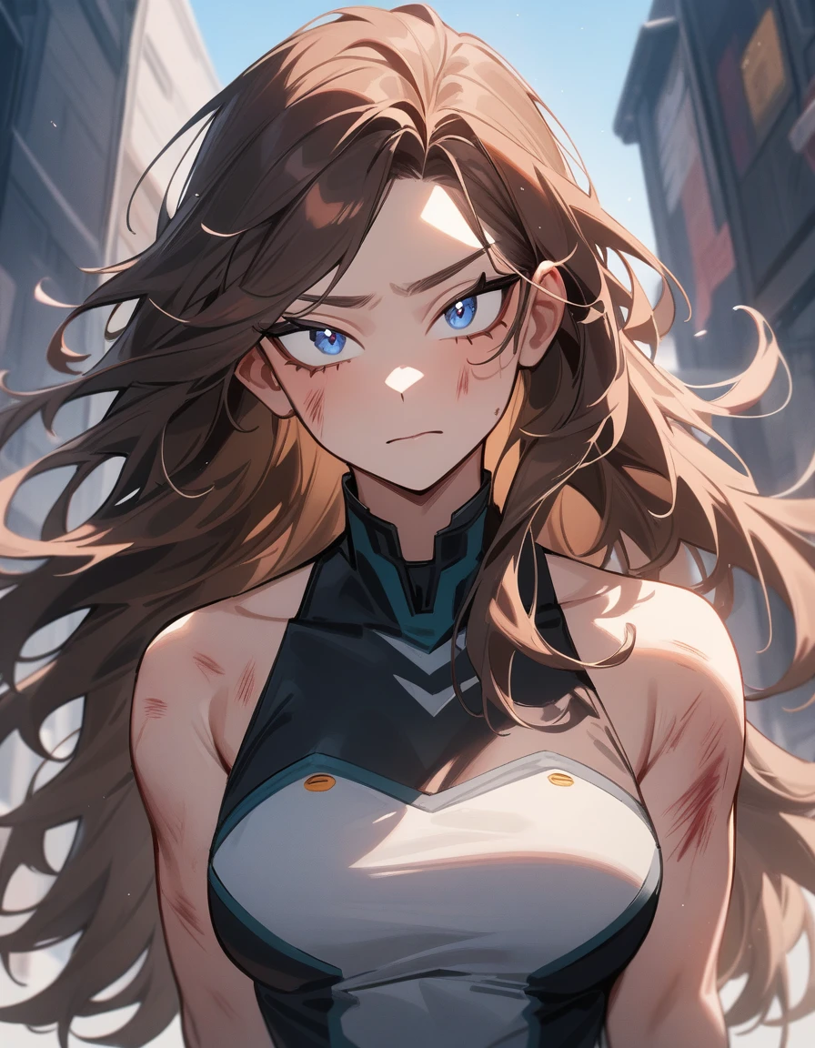 Concep ART, Character, One girl, female focus (brown hair, blue eyes, long hair), boku no hero academia, Injury, masterpiece, highest quality, so beautiful, Absurd