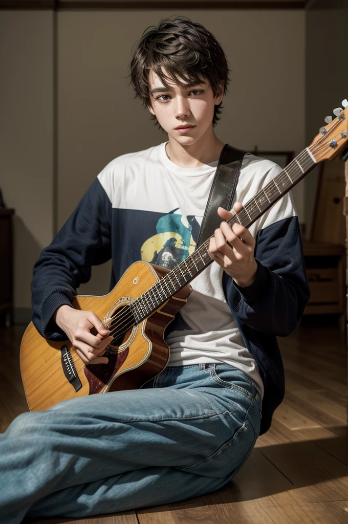 Create a music album cover: a young man sitting in the middle of a room with a guitar in his hand