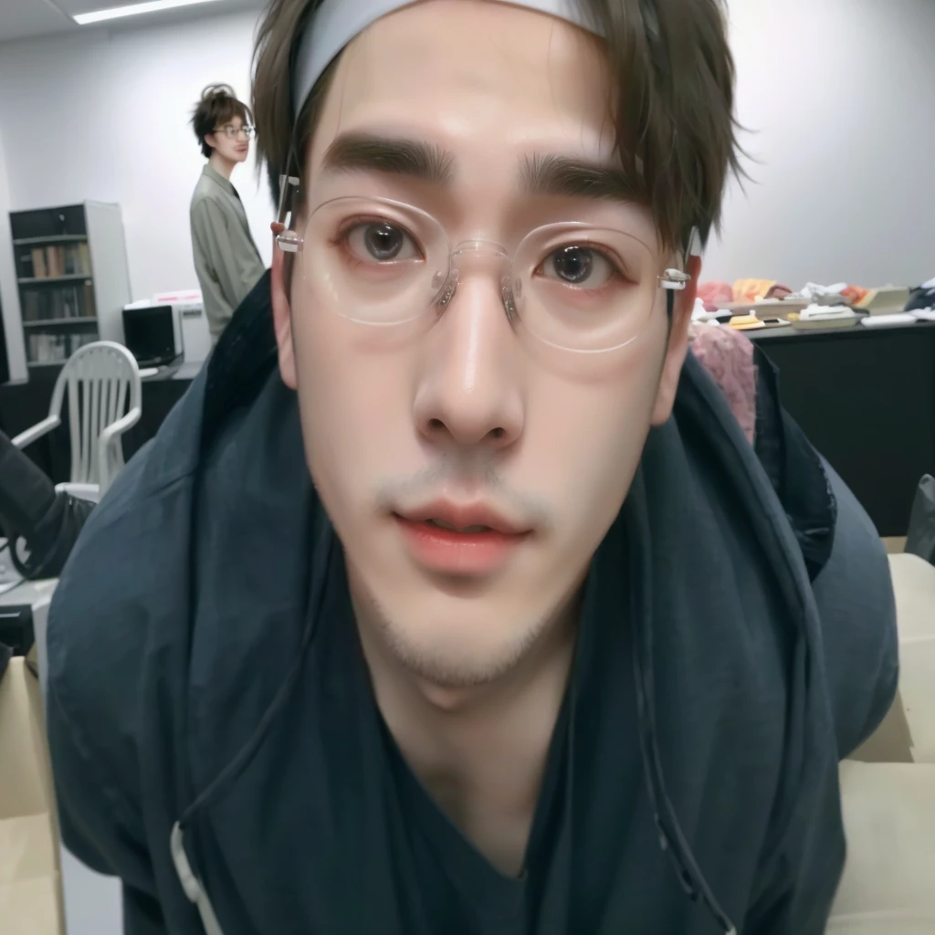 there is a man with glasses and a headband on, Beautiful and clear face, very clear face, huge, slanted eyes, [ photo realist ]!!, with glasses, very low quality image, cai xukun, blurry face, [ photo realistgraphy ], adorable and pale korean face, [ 4K PhotoRealism ]!!, [ 4K PhotoRealism ]!!!