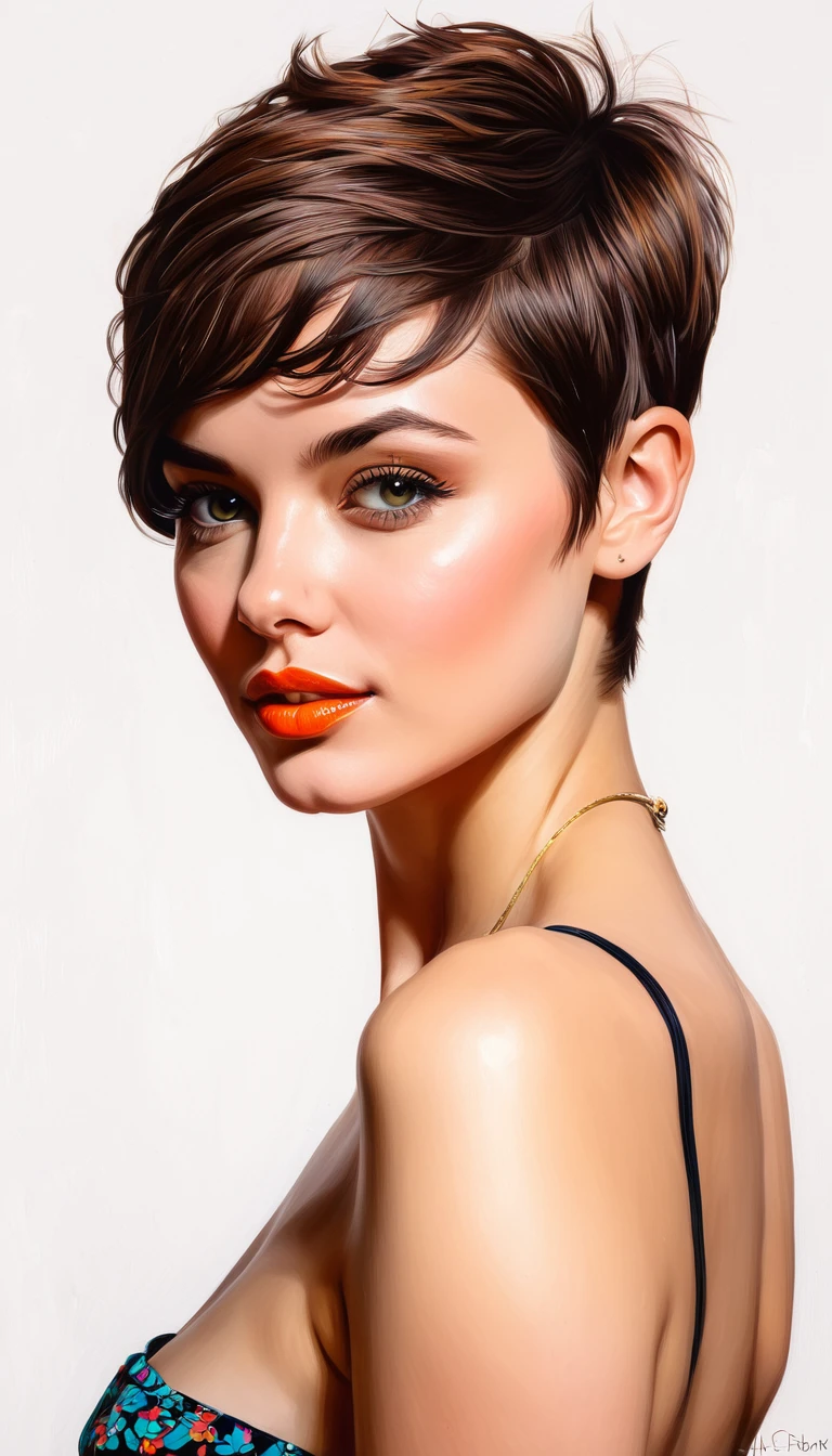 create a woman short hair pixie , flores, Masterpiece, estilo illustration de Ali Erturk, high detail, hyperrealistic, natural light,illustration , Bright colors
