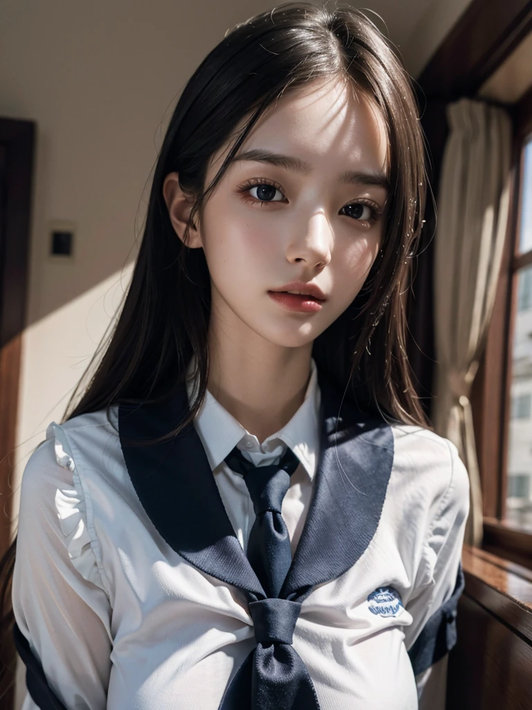 absurdres, RAW photo, extremely delicate and beautiful, masterpiece, Best Quality, ultra high resolution, 32k, hyperrealistic, ultra-detailed, big tits, whole body shot, school_uniform,
