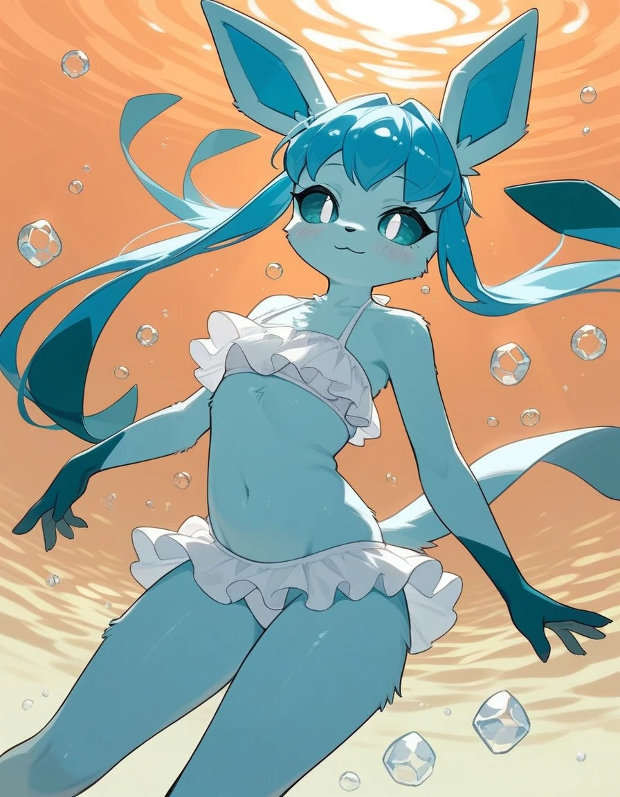alone, score_9,score_8_up,score_7_up, an anthro furry female glaceon girl, blue sclera, white eyes, white frilly bikini, underwater, swimming, shy smile, ice cubes.