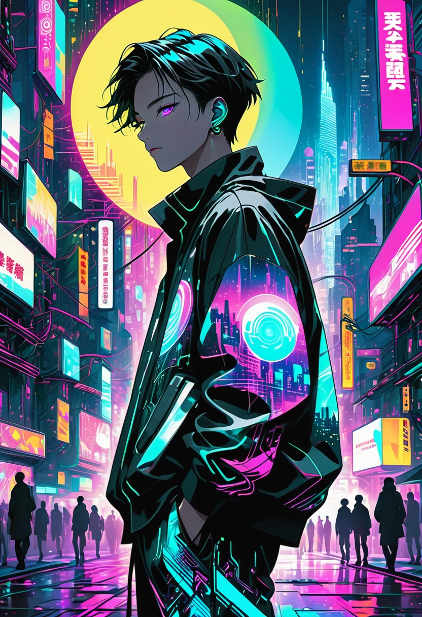 Set the background as a cyberpunk-themed cityscape at night. The boy stands amidst the vibrant chaos of a bustling city, with the following elements:

	•	Skyscrapers and urban scenery filled with neon lights and electronic billboards.
	•	Bright neon signs and colorful lights flooding the city.
	•	Shadows of people walking in alleys and sidewalks, adding to the urban hustle.
	•	Drones and hologram advertisements floating in the sky, enhancing the futuristic atmosphere.

The boy’s outfit is simple and includes:

	•	A plain shirt and pants.
	•	A moon motif accessory, symbolizing his identity as the god of night.

The colorful and lively background contrasts sharply with the monochrome depiction of the boy, making this contrast stand out. The boy’s appearance is as follows:

	•	He has a baby-faced, androgynous look.
	•	His build is slender, giving a delicate impression.
	•	His expression is one of enlightenment yet resignation, suggesting a profound understanding paired with a sense of giving up.
	•	The monochrome representation of the boy contrasts vividly with the colorful background, highlighting his presence.

Based on this prompt, you will create a striking illustration that captures the solitary god of night standing amidst the vibrant hustle of a cyberpunk city, creating a visually and emotionally impactful scene.カウボーイショット、コンセプトアート、レンズフレア