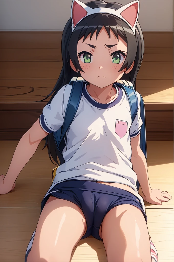 masterpiece, ultra quality, ultra sharp, ultra detailed, 1girl, solo, (((good anatomy))), haduki kurumi, (shiny skin), (tattered torn dripping wet white gym shirt), navy gym pants, animal ears, randoseru, name tag, Japanese anime pose, laugh, BurumaShorts, Buruma, Gym Uniform, (((sitting, squatting, spread_legs, legspread, split_legs, spreading legs)), (randoseru backpack:1.4), (ohogao:1.4), buruma, blue buruma, black buruma, (cameltoe), (tattered torn short sleeve white gym uniform with colored hem), (tiny nipples), (white long loose socks), strong lighting, legspread, bukkake, cum on clothes, cum on legs, cum on buruma, cum on bloomers, (spreading pussy by hands)
