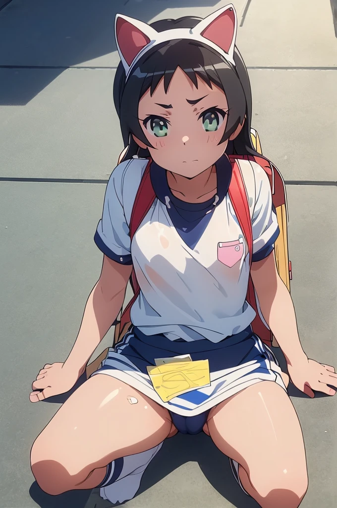 masterpiece, ultra quality, ultra sharp, ultra detailed, 1girl, solo, (((good anatomy))), haduki kurumi, (shiny skin), (tattered torn dripping wet white gym shirt), navy gym pants, animal ears, randoseru, name tag, Japanese anime pose, laugh, BurumaShorts, Buruma, Gym Uniform, (((sitting, squatting, spread_legs, legspread, split_legs, spreading legs)), (randoseru backpack:1.4), (ohogao:1.4), buruma, blue buruma, black buruma, (cameltoe), (tattered torn short sleeve white gym uniform with colored hem), (tiny nipples), (white long loose socks), strong lighting, legspread, bukkake, cum on clothes, cum on legs, cum on buruma, cum on bloomers, (spreading pussy by hands)