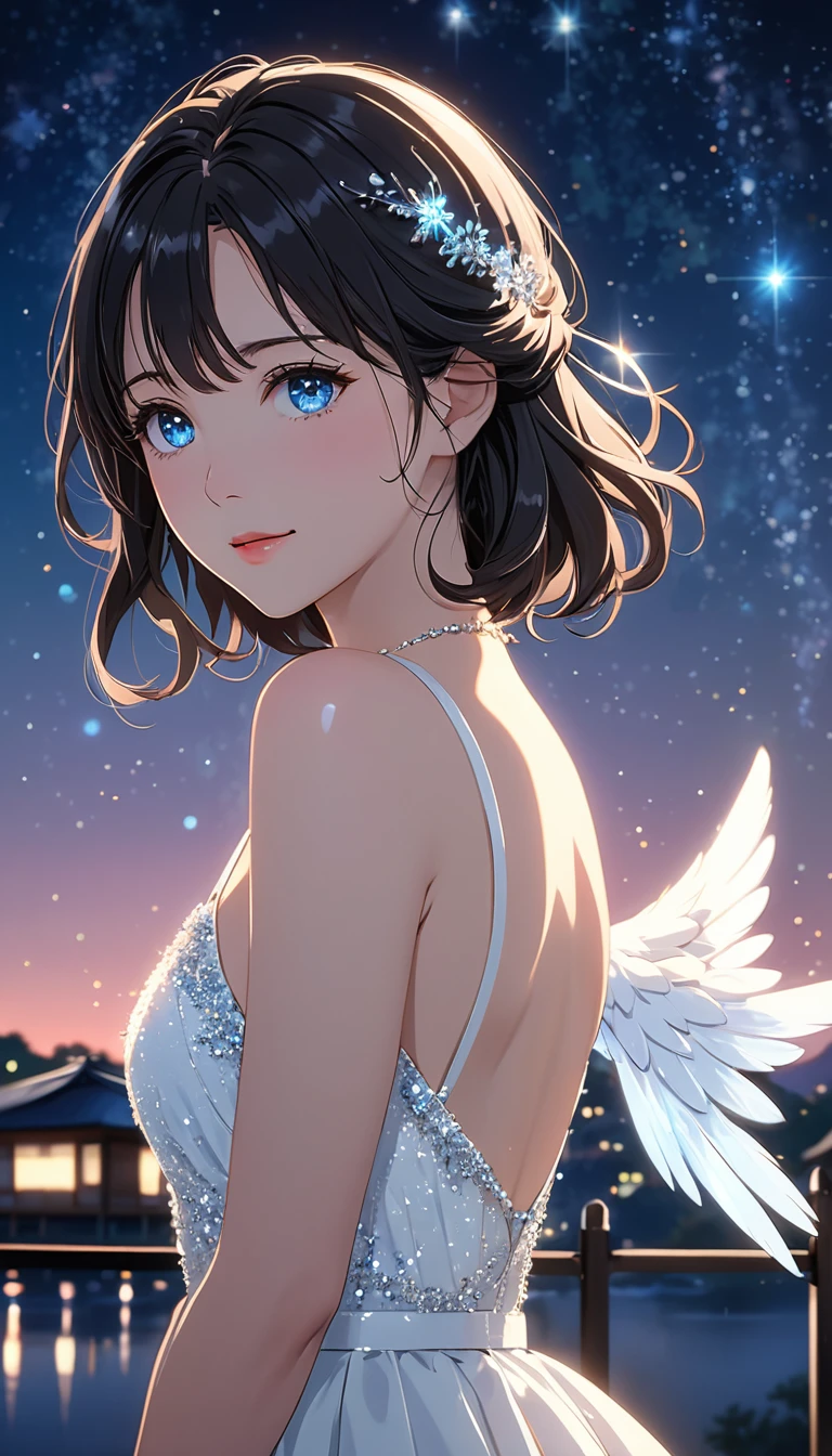 National Science Foundation,masterpiece,High resolution,8k,art,refer to,Kyoto Animation Style,Your Name movie style,To the camera,night,midnight,Light,(1 female: 1.3),(alone: 1.4),Sparkling Light Evening Dress,(Wearing a white dress),(Woman wearing a beautiful formal dress),Pure white dress,Elegant dress with Swarovski crystals,Crystal Hairpin,Long eyelashes,Thin legs,(Medium Hair),(Black Hair),Feminine poses,Sexy pose,close of upper body,Close-up,(Show upper body),Night starry sky,Eyes as deep as the starry sky,(Pale blue eyes),Moist eyes,Shining beautiful eyes,Blushed,shy,shy,Open your lips slightly and smile,Woman as beautiful as an angel,mystery,Mysterious,