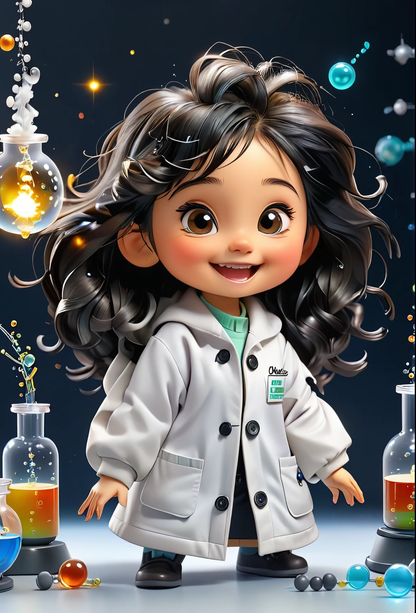 Chibi Baby Chemistry Mascot MASCOT, atoms, Molecules ,Has black hair , Blind box style and model with popular market style, The sunlight shines, , hyper qualit, sharp features, Ultra HD and 8K resolution,Cool Hand Drawn Illustration，fly away (Inside out disgusting), Create a series of best quality cute chibi dolls,ultra details,realisitic,Science Laboratory,Chemical experiment,ultra HD, chemical equipment,scientists working,cups,UHD Bunsen Burner ,Microscope,laboratory glassware,measuring cylinders,labcoats,Round nerd glasses ,science books,Periodic table,scientific research,discoveries,new inventions,innovation,aprendizagem,education,Scientific culture wears coat with details of buttons and brooches , her coat is charming and cute with ultra chemical details ,Curiosidade,Technological advancements,swirly vibrant colors,soft lighting,modern laboratory,nerdy atmosphere,laboratory instruments,hypothesis testing,Scientific method,symbolic representation,Critical thinking,experiments ,precision,precision,Intricate details,impressive scientific setup,natural elements,exploration of the mysteries of science,unlocking the secrets of nature. Baby chibi is happy and excited, remember to use chemical laboratory glassware, The chalkboard behind the cute chibi baby is written the structure of caffeine in white chalk 18K UHDBlack hair, very long hair, American propaganda poster, shine light, 3D rendering, 