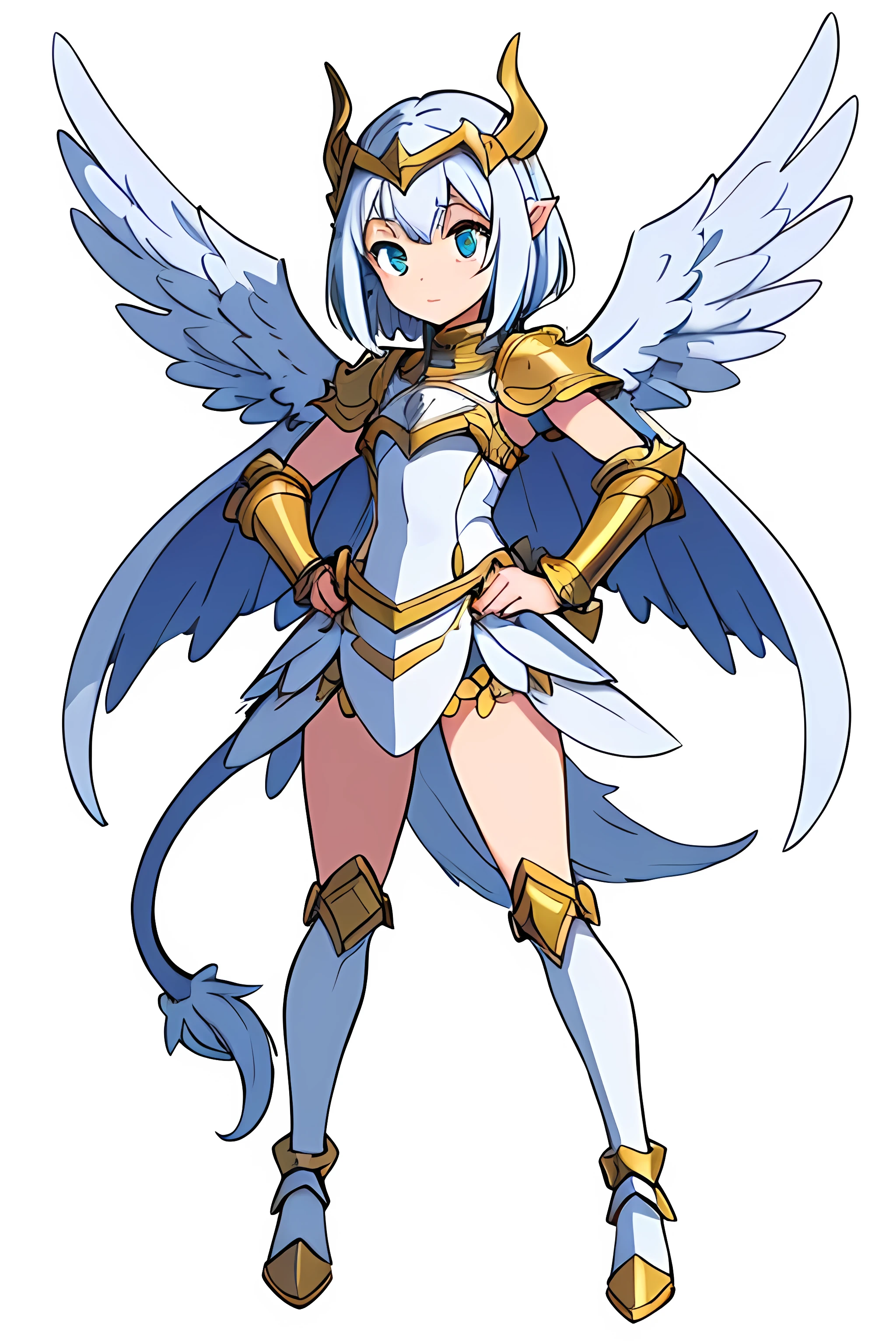 colorin page, Highres, best quality, extremely detailed, several pairs of wings, (((female divine knight armor))) , helmet knight whith spikes, full armor gold, 1 angel girl whith feathered white Wings, demon white wings in the middle of the waist, girl whith 1 mini small dragon tail, one blue eye and one green, HD, 8k, full_body, (((white background))), ((white_accesories)), dynamic pose