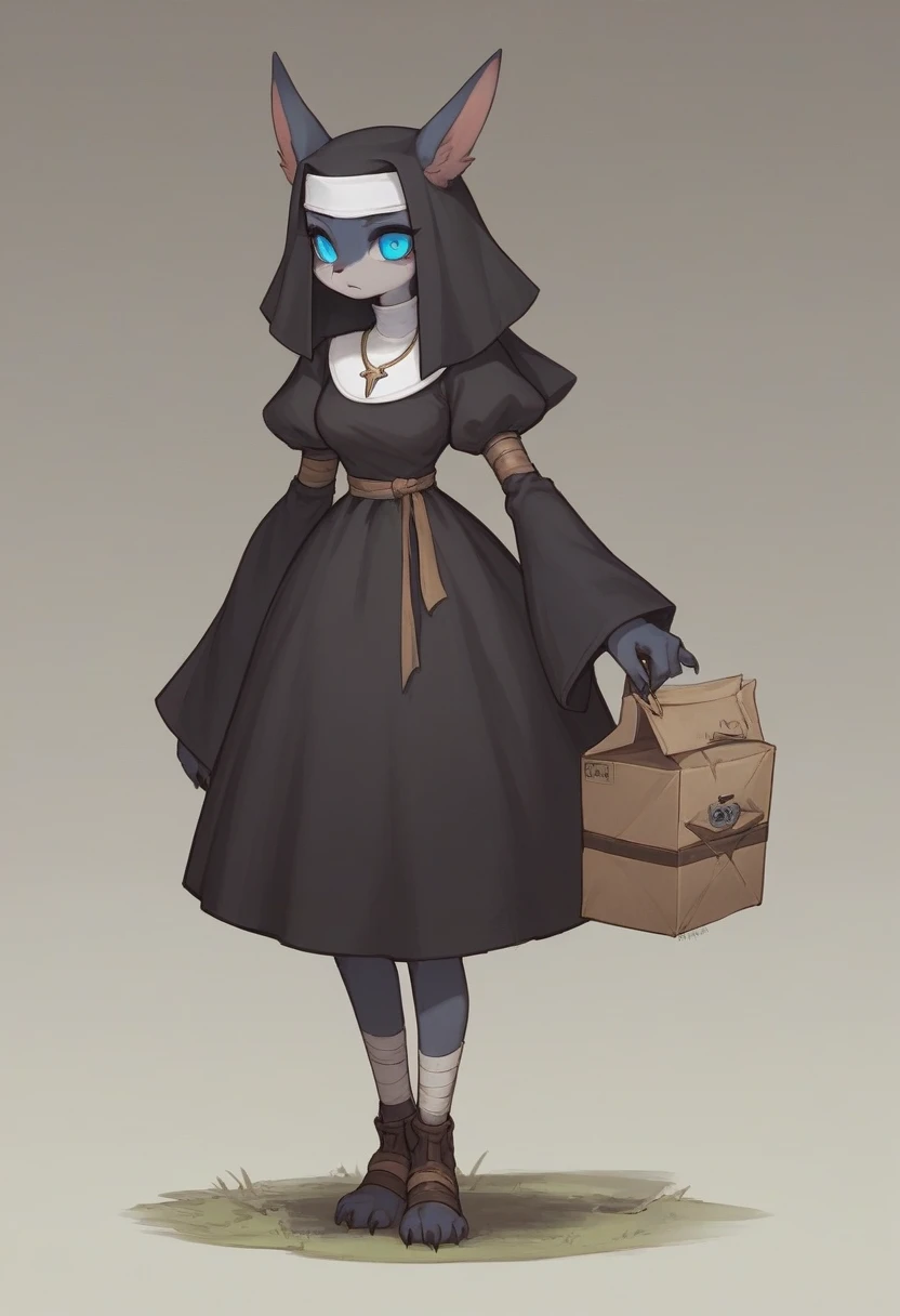 score_9, score_8_up, score_7_up, score_6_up, score_5_up, score_4_up,Yone, League of Legends, ((Better quality )),((Anthro female)) , wearing nun Clothing dress   , Black Shadow  body ,  wearing Bandage , big animal ears, haircut ,Dark blue , ((BLUE pupils)) ,Box series  