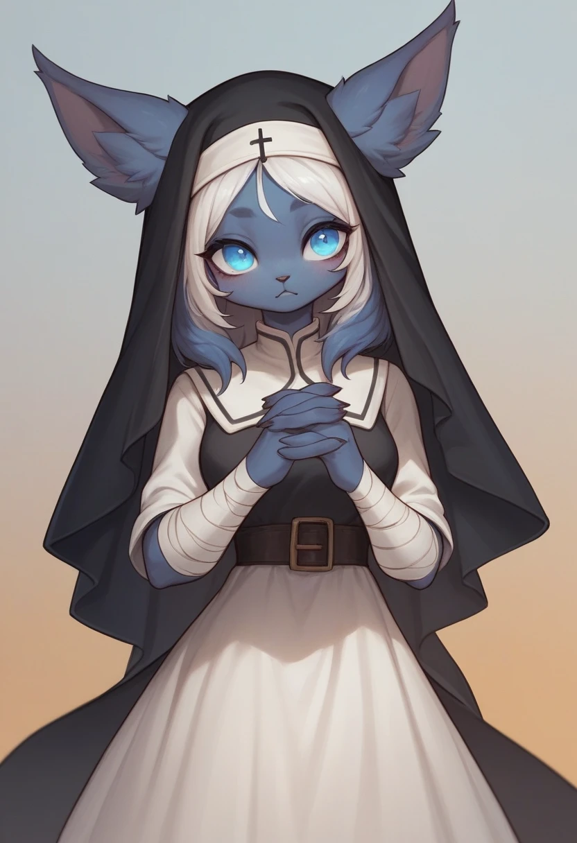score_9, score_8_up, score_7_up, score_6_up, score_5_up, score_4_up,Yone, League of Legends, ((Better quality )),((Anthro female)) , wearing nun Clothing dress   , Black Shadow  body ,  wearing Bandage , big animal ears, haircut ,Dark blue , ((BLUE pupils)) ,Box series  