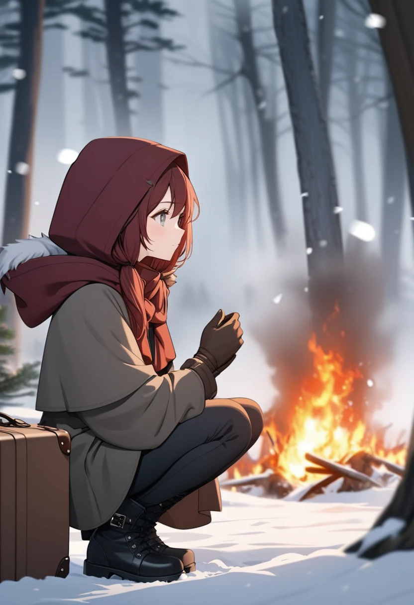 1girl, solo, snow, hood, fire, outdoors, gray eyes, dark red hair in low twin tails, strapless gray shirt, black jeans, black combat boots, cloak, snowing, from side, tree, suitcase, blurry, hood up, forest, gloves, wilderness, squatting, closed mouth, hooded cloak, winter, depth of field, black footwear,