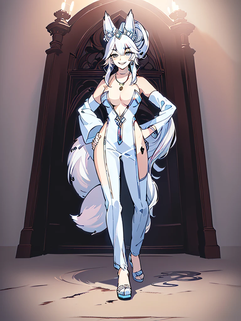 great quality ++ Extremely detailed high resolutionolution, very aesthetic, expressive eyes, (((Perfect face))), (((face symmetrical))), ((good anatomy)), (((perfect hands))), (((8k))), UHD, hd wallpaper, (((detailed high cal, (((((1girl)))))), only, Masterpiece, The best quality, high resolution, Highly detailed, (illustration), Beautiful detailed eyes, ((((fullbody))), (((solo))), (((((koyan-la1))))), (((smiling))), (((fusion))), (((agglutination))), (((Combination))), ((((((((White hair)))))))), (((blue eyes))), (((ponytail))), (((jewelry))), (((necklace))), (((earrings))), only, jaeces, earrings, long hair, parody, (((scar))), (((scar ocular))), (((hair ornament))), (((whiter castle background))), (((hand on hip))), (((strolling))), Side ponytail, scar en la cara, (((Upper part of the body))), (((fox tail))), (((fox ears))), (((tiara))), (((jewelry))), (((earrings))), (((neckline trimming))),