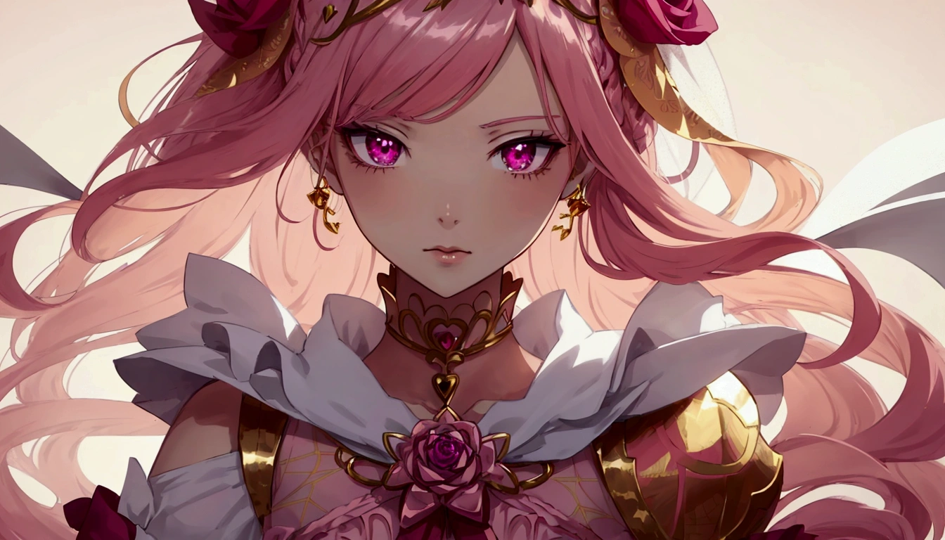 Create an anime-style girl with (((deep magenta eyes and long, wavy pink hair))) ((styled in an elegant frenchbraid)). (((She is slender, and with small breasts))). ((Ensure a full-body shot of her)) wearing a (((magical girl-themed outfit.))) ((The outfit features a fitted bodice with a sweetheart neckline, gold embroidery, and pastel pink accents. The bodice has delicate rose gold spider web patterns. She wears a multi-layered knee-length skirt with a high-low hemline, the outermost layer sheer with gold and rose gold spider web patterns. She has off-the-shoulder puff sleeves, arm-length pastel pink gloves with gold trim, and a gold choker with a red gemstone. The outfit includes a short, detachable sheer cape with rose gold spider web patterns and is fastened with gold brooches. She wears pastel pink ankle boots with gold heels and rose gold laces. Accessories include a gold tiara with a red gemstone and gold spider-shaped hairpins.)) The overall look is regal and ethereal, with magical glowing effects. cutesexy, purinpuon pixiv, no future, a hyperrealistic , hyperrealistic , realistic , seductive (anime girl), smooth anime cg art, beautiful alluring anime , (purinpuon pixiv), ((magical girl)), (masterpiece), best quality, expressive eyes, perfect face ((Highest quality))、((4K))、((Full Body Shot: 1.5))、ultra detailed, masterpiece, best quality, solo ((purinpuon pixiv, no future)) (((purinpuon pixiv, no future)))