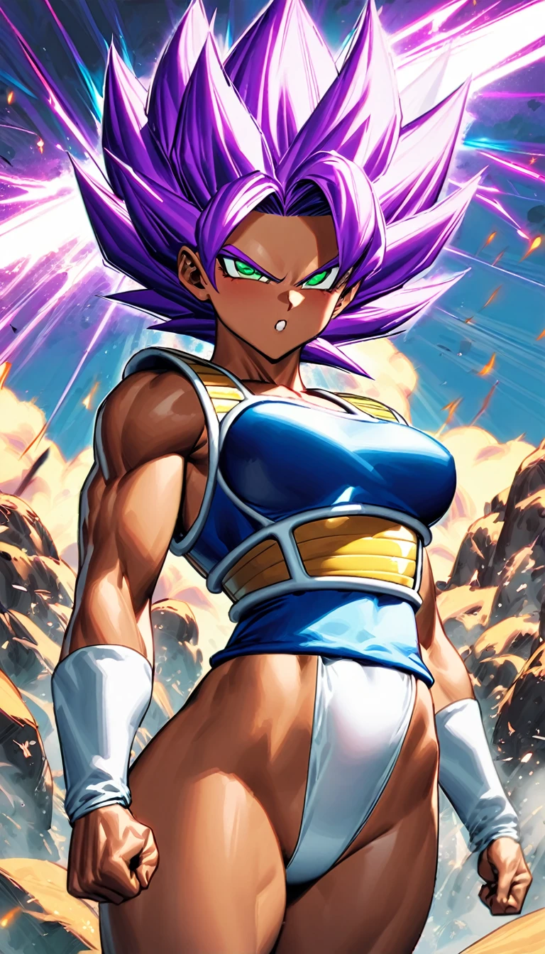 Saiyan, purple hair combed back, green eyes,slim, thin waist, wide hips, brown skin color, medium breasts, blue tank top saiyan armor, goddess of destruction (dragon ball super),hakai, hakai power, super saiyan, purple rays
