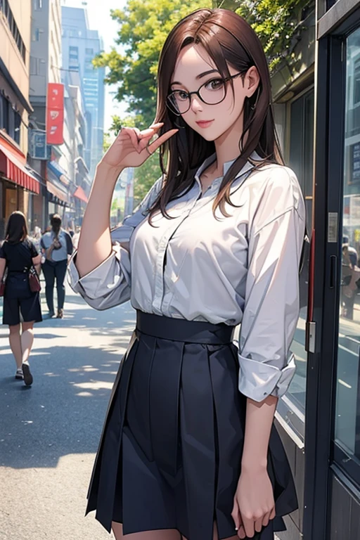 Highest quality、masterpiece、High sensitivity、High resolution、Detailed Description、Slender women、Glasses、Summer pedestrian precinct、mirage、