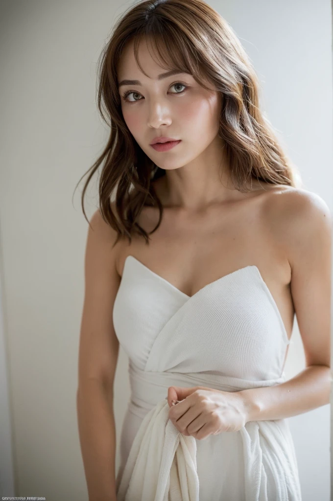 ((Highest quality, 8k, masterpiece :1.3)), One girl, Beautiful woman with slim abdominal muscles :1.3, (Random Hairstyles, Huge breasts :1.2), Wrapped in a bath towel :1.2, hot spring, Highly detailed face, Fine grain, double eyelid、Japanese women