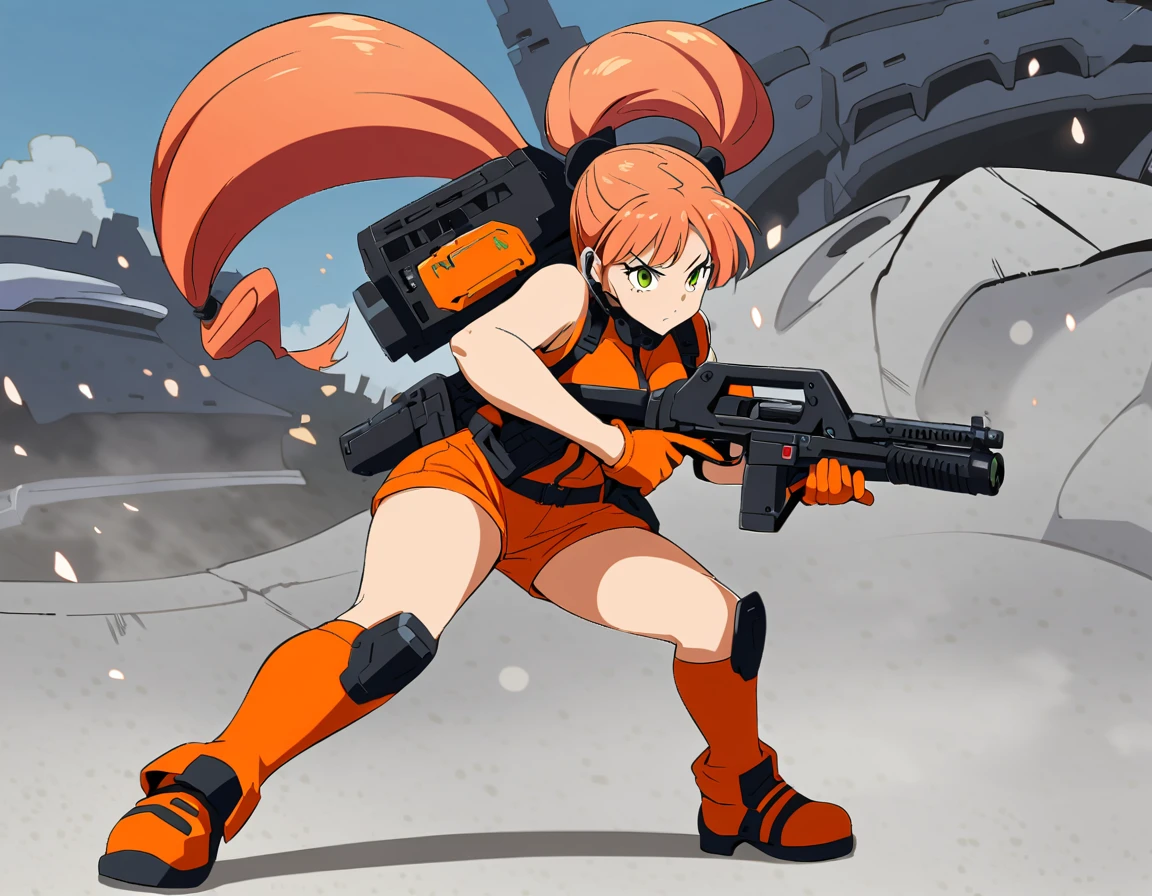 1 girl, Kikoru Shinomiya From Kaiju no. 8, green eyes, sexy, ready to attack a kaiju, holding a advanced rifle weapon, aiming her weapon, tied hair, cute hairstyle, serious look, sinister, facing away from viewer, tactical gear, tactical boots, tactical gloves, full body shot, beautiful eyes, large breasts, triple D cup breasts, round buttocks, bubbly buttocks, wide hips, bubbly ass, 