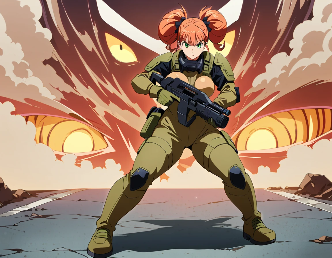 1 girl, Kikoru Shinomiya From Kaiju no. 8, green eyes, sexy, ready to attack a kaiju, holding a advanced rifle weapon, aiming her weapon, tied hair, cute hairstyle, serious look, sinister, facing away from viewer, tactical gear, tactical boots, tactical gloves, full body shot, beautiful eyes, large breasts, triple D cup breasts, round buttocks, bubbly buttocks, wide hips, bubbly ass, 