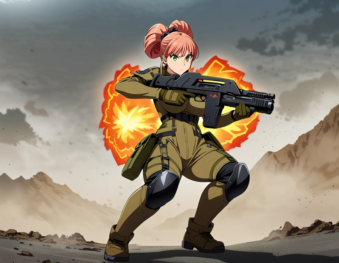 1 girl, Kikoru Shinomiya From Kaiju no. 8, green eyes, sexy, ready to attack a kaiju, holding a advanced rifle weapon, aiming her weapon, tied hair, cute hairstyle, serious look, sinister, facing away from viewer, tactical gear, tactical boots, tactical gloves, full body shot, beautiful eyes, large breasts, triple D cup breasts, round buttocks, bubbly buttocks, wide hips, bubbly ass, 