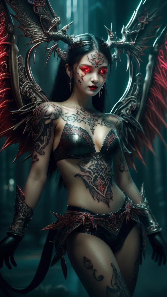 Cute Japanese woman, (), (Very cute face: 1.3), Red lips, White moist skin, Melancholic expression,
BREAK,
(Beautiful belly button),
BREAK,
Female superior ancient strigoi vampire, Horror, Angel wings, Black wings, Red jewelry, (Large wings: 1.4), Satan, Hellfire, Full body, Devil, Flame,
BREAK,
(Facial tattoo: 1.4),
BREAK,
Masterpiece, Perfect lighting, Ultra high resolution, 8K, (Very detailed: 1.4), (From the front), Looking at the camera,
BREAK,
(Neon lights: 1.2),