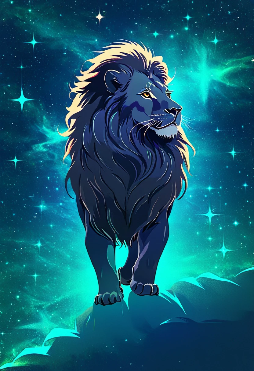 a lion silhouette composed by bright stars. Cosmic background