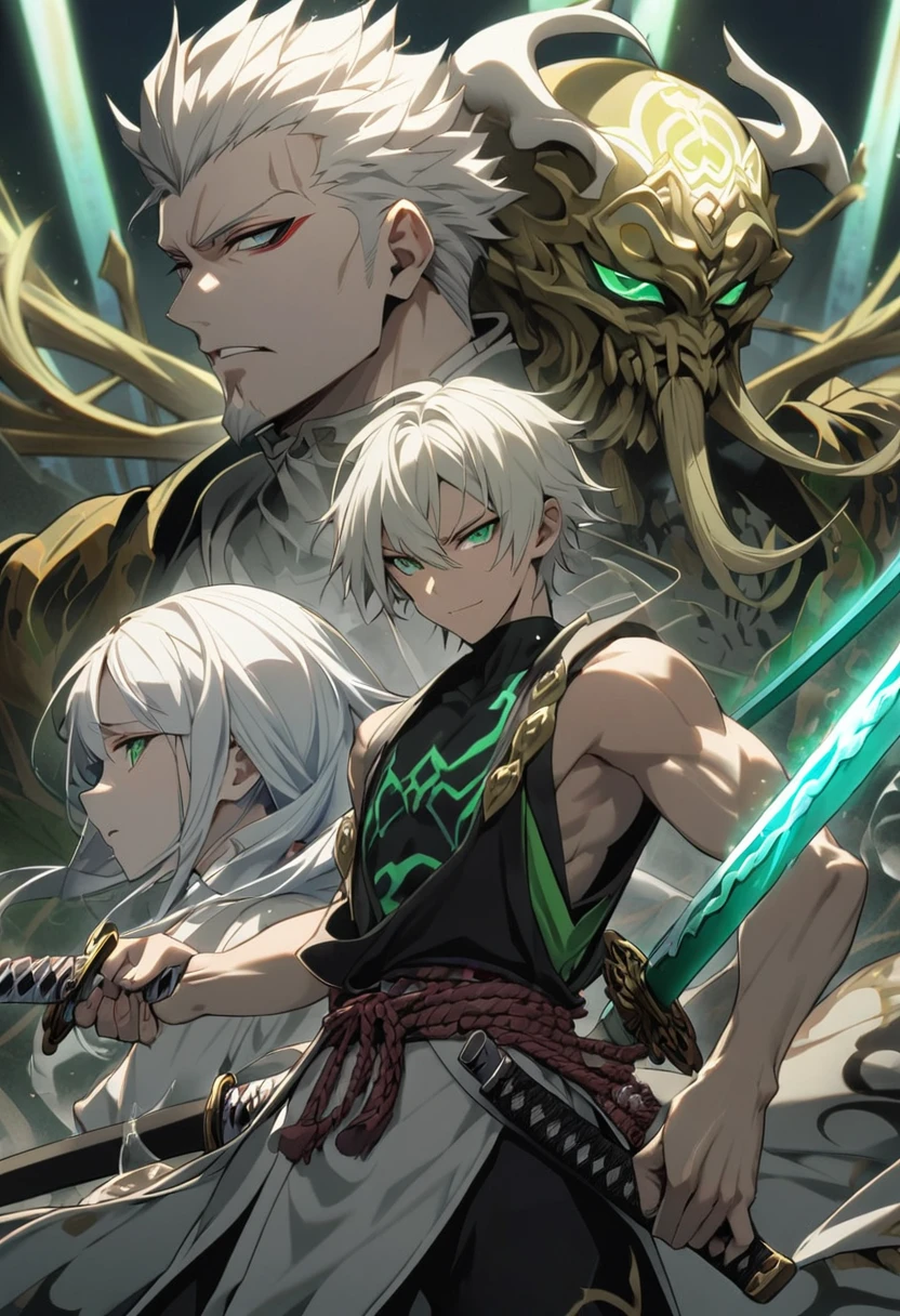 1 young boy, details Intricate, 1 men, bonitas, White hair, vibrant green eyes, slim ripped m, アニメ,19 years, a small goatee, kimono de Shinigami, Shinigami, , Tank top, kimono, 2 Katanas, two swords, double katana, katana longa, ceifera of souls