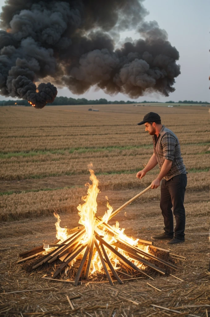 A man is burning a pile of straw in a field
