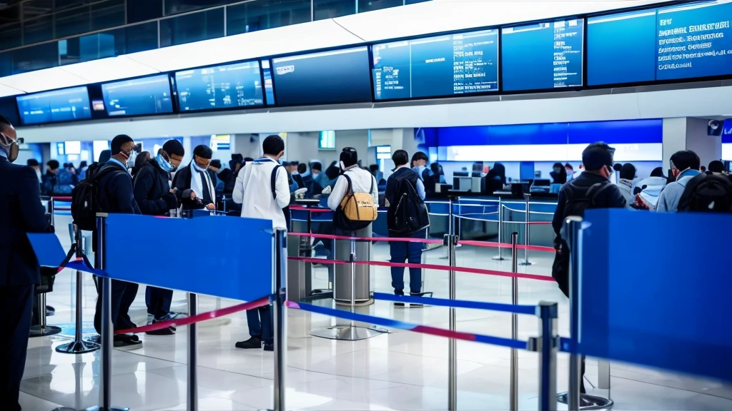 Some PCs with a blank blue screen at check in counter desks, passengers queing as background, airport vibes.