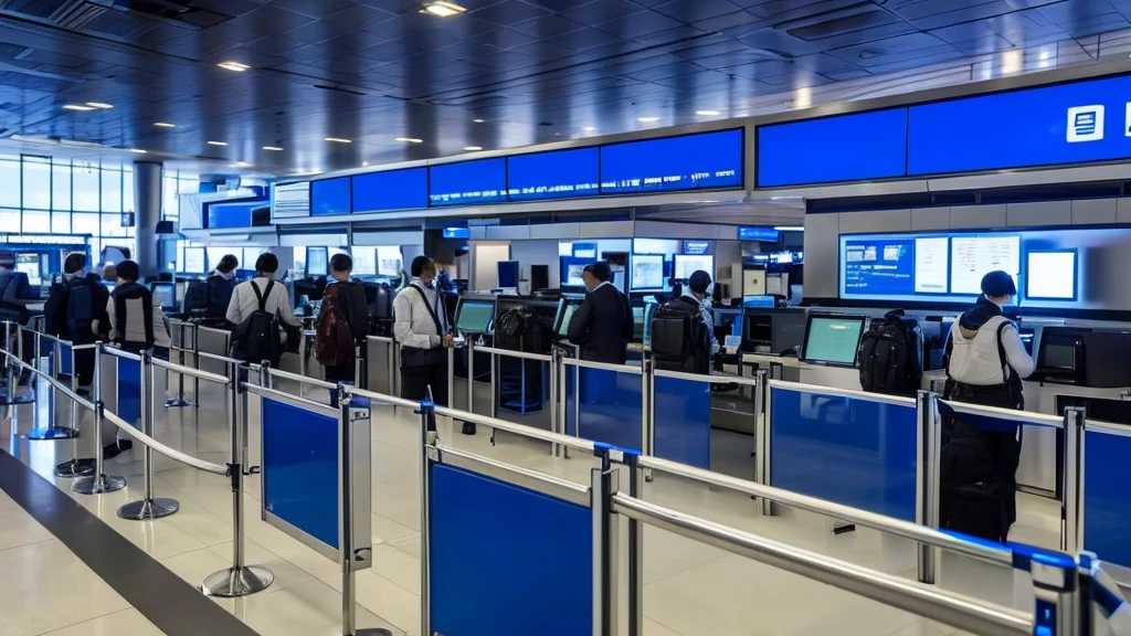Some PCs with a blank blue screen at check in counter desks, passengers queing as background, airport vibes.