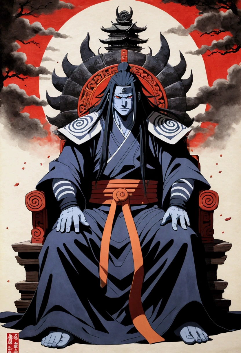 (masterpiece, best quality: 1.2), traditional Chinese ink painting , madara from naruto , wearing god of destruction clothes , sitting on throne