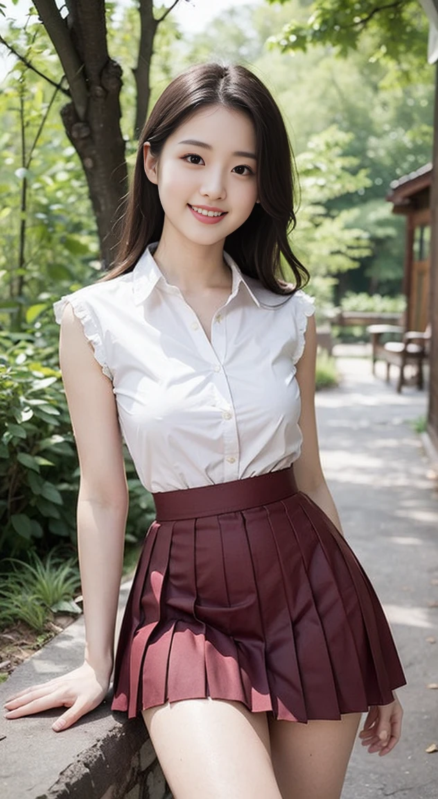 Highest quality, 1 beautiful woman, 28 years old,  Large breaSt bulgeS, S, 35mm lens, F/1, Cowboy Shot, Specific Background、(A girl in the forest), Perm、Sweat,Beautiful leg lines，Thin waist and hips，Sexy妩媚，Attractive thighs，充满Sexy，Sexy，　((White shirt)), sleeveless,((Dark red short pleated skirt:1.3))，(a charming Smile:1.2), White shoes，Perfect proportion，Sexy姿势,