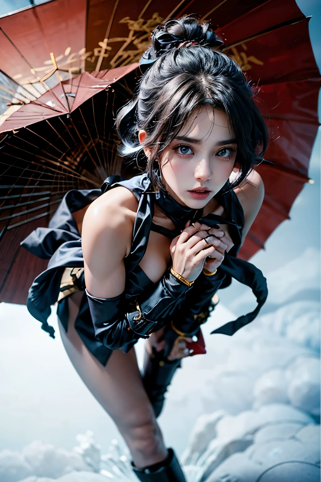 (RAW shooting, Photoreal:1.5, 8k, highest quality, masterpiece, ultra high resolution), perfect dynamic composition:1.2, Fight:1.2, Highly detailed skin and facial textures:1.2, 1girl:1, asian girl:1,Glamourous female ninja with a sharp dagger:1.3, beautiful and aesthetic:1.2, sexy beauty, perfect style, belief, Strong-willed, revenge, Fair skin, very beautiful face, (large breast, Chest gap), (wearing a sexy pupple ninja costume:1.2), (beautiful red eyes, Eyes that feel beautiful eros:1.0), (Too erotic:0.9, Bewitching:0.9), (full body photo:1.2), (perfect limbs:1.2), (perfect fingers:1.2),(ragnarok_ninja:1.2),(black short hair:1.2),(simple background:1),(knees together),