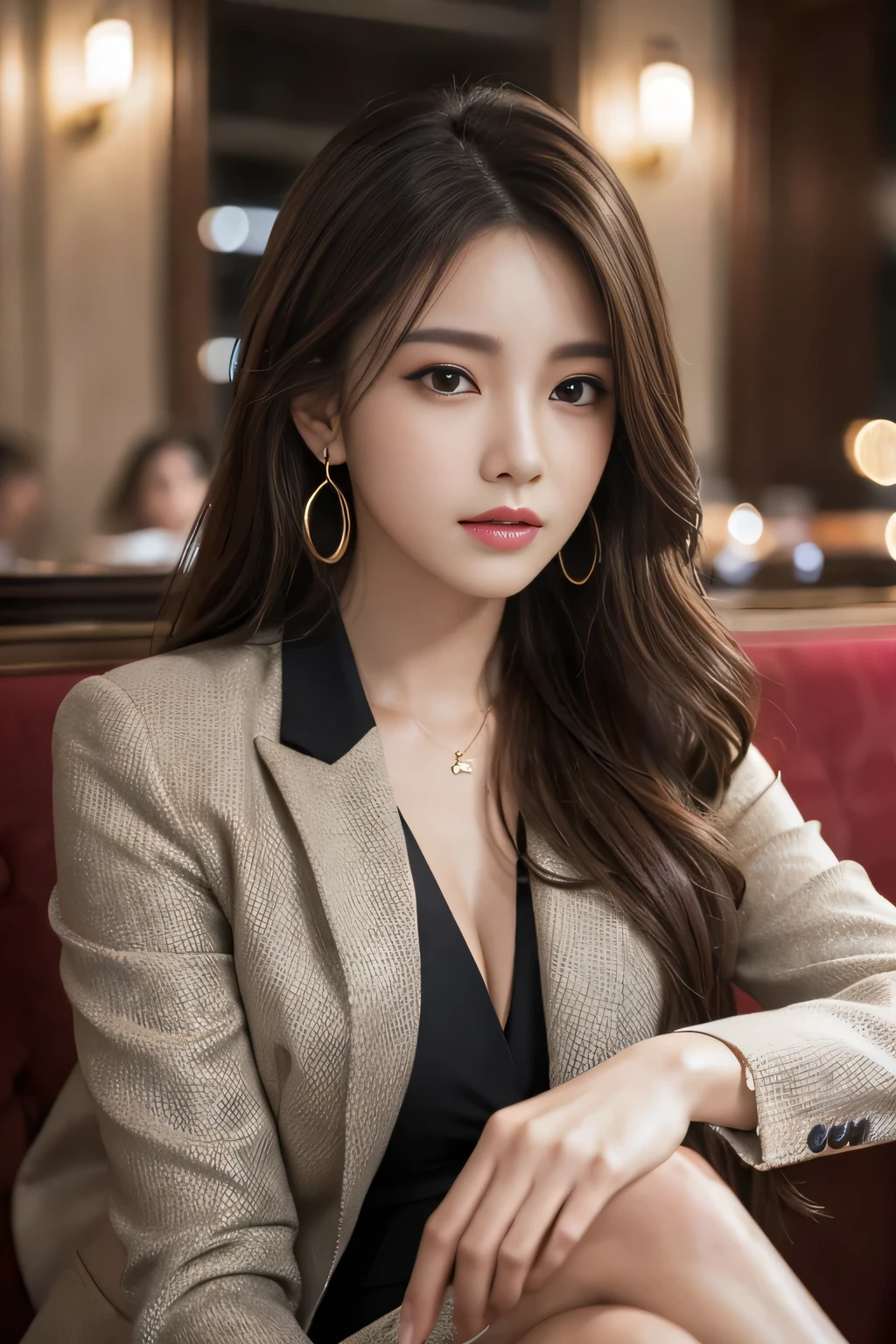 masterpiece, Highest quality, Realistic, Very detailed, Finer details, High resolution, 8k wallpaper, One beautiful woman, Wear a nice suit, In a great restaurant, At night, Light brown messy hair, Perfect dynamic composition, Beautiful and beautiful eyes、Big earrings、Sit on the sofa