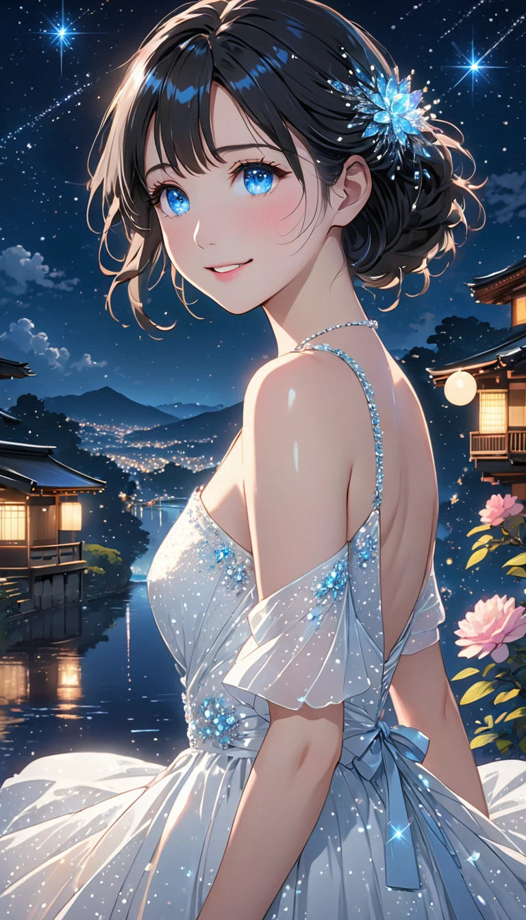 National Science Foundation,masterpiece,High resolution,8k,art,refer to,Kyoto Animation Style,Your Name movie style,To the camera,night,midnight,Light,(1 female: 1.3),(alone: 1.4),Sparkling Light Evening Dress,(Wearing a white dress),(Woman wearing a beautiful formal dress),Pure white dress,Elegant dress with Swarovski crystals,Crystal Hairpin,Long eyelashes,Thin legs,(Medium Hair),(Black Hair),Feminine poses,Sexy pose,close of upper body,Close-up,(Show upper body),Night starry sky,Eyes as deep as the starry sky,(Pale blue eyes),Moist eyes,Shining beautiful eyes,Blushed,shy,shy,Open your lips slightly and smile,Woman as beautiful,mystery,Mysterious,