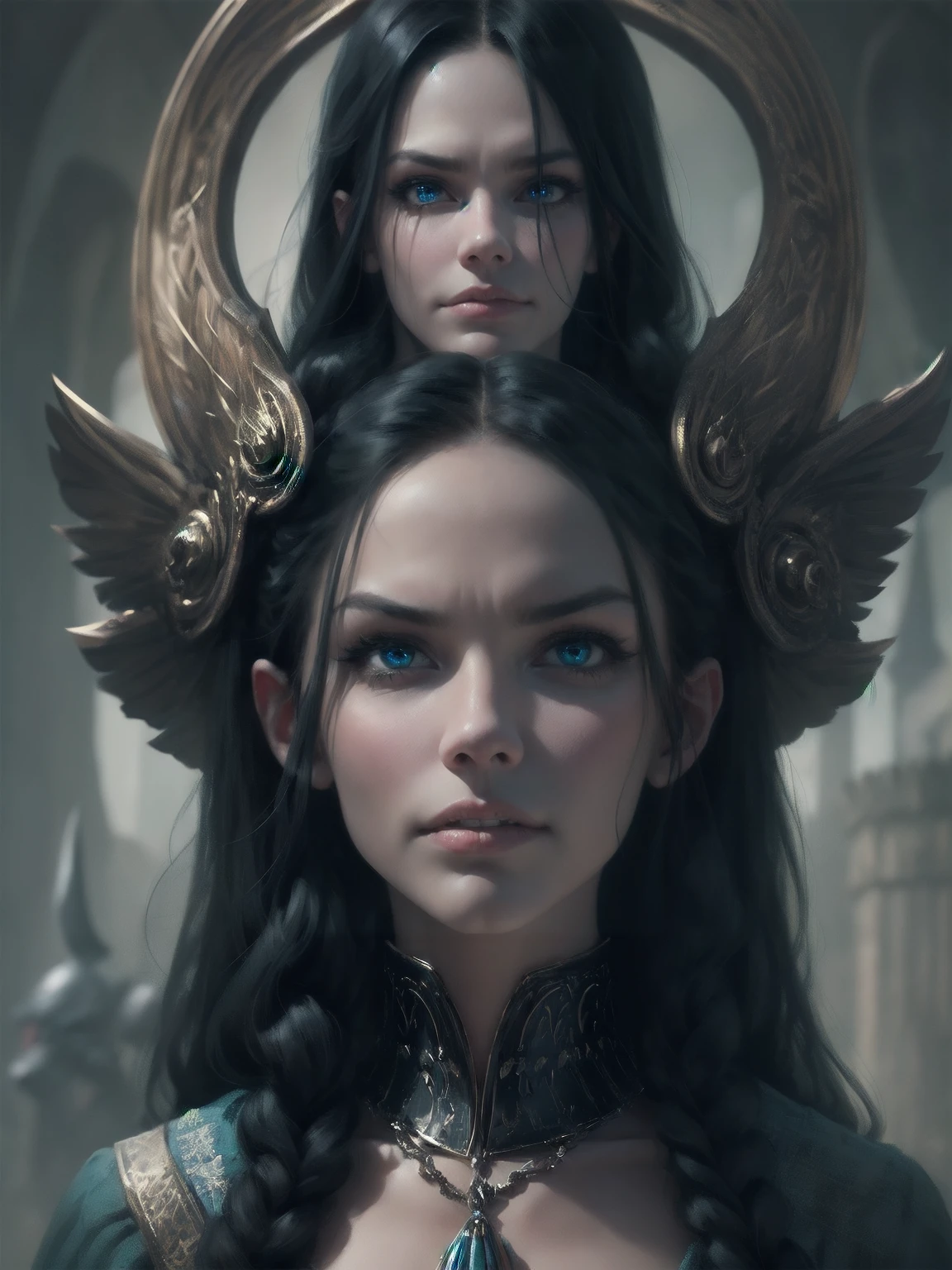 {-erro_de_anatomia:1.0} woman 30 years old, north,viking clothes, (nordic dress), dark castle, a woman (lagherta), very long black hair (black hair), (gray-blue eyes) . Indifferent look , merciless. among the gods, dinamic poses, egoist smile, upper body, angry face
