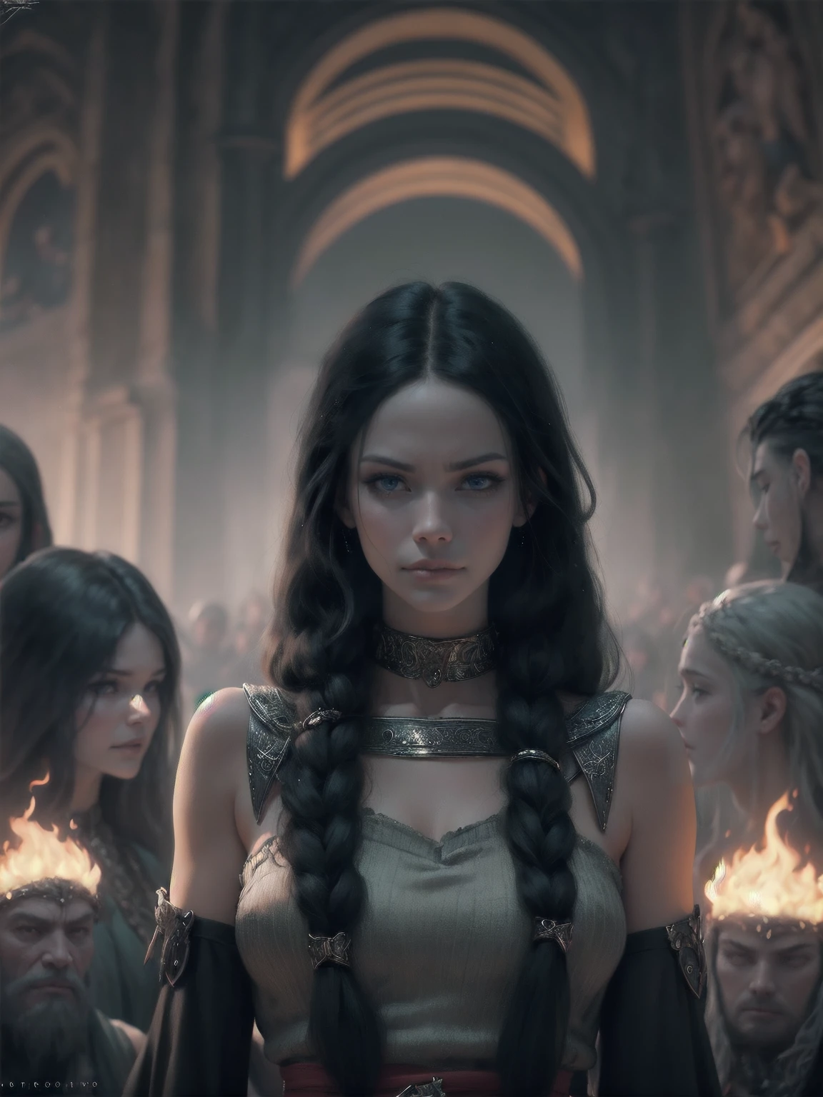 {-erro_de_anatomia:1.0} woman 30 years old, north,viking clothes, (nordic dress), dark castle, a woman (lagherta), very long black hair (black hair), (gray-blue eyes) . Indifferent look , merciless. among the gods, dinamic poses, egoist smile, upper body, angry face