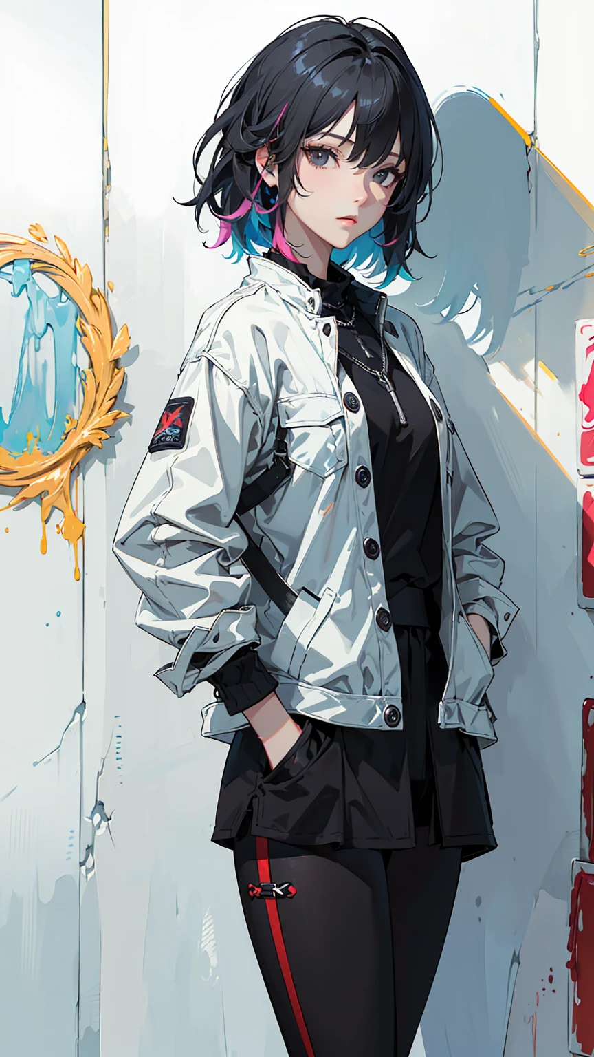 ((Highly detailed CG unit 8K wallpaper, masterpiece, High resolution, Highest quality, Tabletop)), ((Very beautiful woman, Put your hands in your pockets:1.8, Grunge Fashion, Wearing tights)), ((Highly detailed face, Highly detailed black eyes, Contrasting Eyes, Highly detailed body, Highest qualityのリアルテクスチャスキン:1.2)), (Black-haired, My hair is messy, White skin), ((colorful paint wall)), (High Angle:1.1),, Digital Painting,